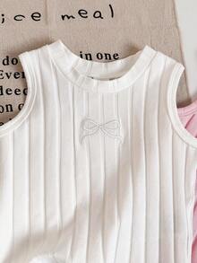 SHEIN 2件套女婴幼儿0-3岁春夏新款基础款镂空爱心圆领无袖短款T恤上衣，棉质针织面料，粉色和白色 - 粉色 - 查看 5