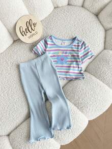 SHEIN 女婴可爱夏季休闲蓝色碎花条纹短袖T恤和裤子套装 - 紫色 - 查看 3