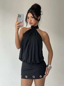 Aloruh Women's Fashionable Sexy Keyhole Backless Mini Dress, Summer - Black - View 7