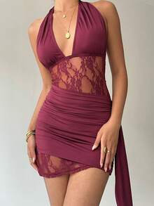 Aloruh 纯色无袖露背蕾丝拼接紧身连衣裙 - 酒紅色 - 查看 4