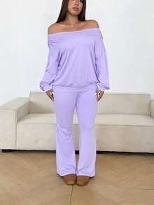 Sunnyshic Plus Size Women 1-Shoulder Long Sleeve Top And Flare Pants 2 Pieces Set - Mauve Purple - View 5
