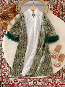 Long Three Quarter Sleeve Young Girl Dress In Green Fabric With Christmas Pattern Fringes - Green - View 3
