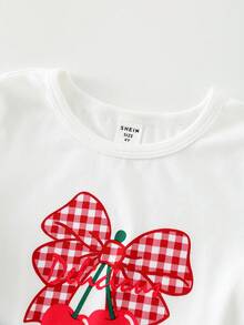 2pcs/Set Young Girl Watermelon Knit Top And Woven Plaid Skirt Outfit - Green - View 5