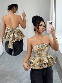 SHEIN Elenzya 女士优雅提花面料短款荷叶边抹胸上衣，休闲沙滩度假日常外出约会派对晚宴时尚性感百搭上衣 - 彩色 - 查看 1