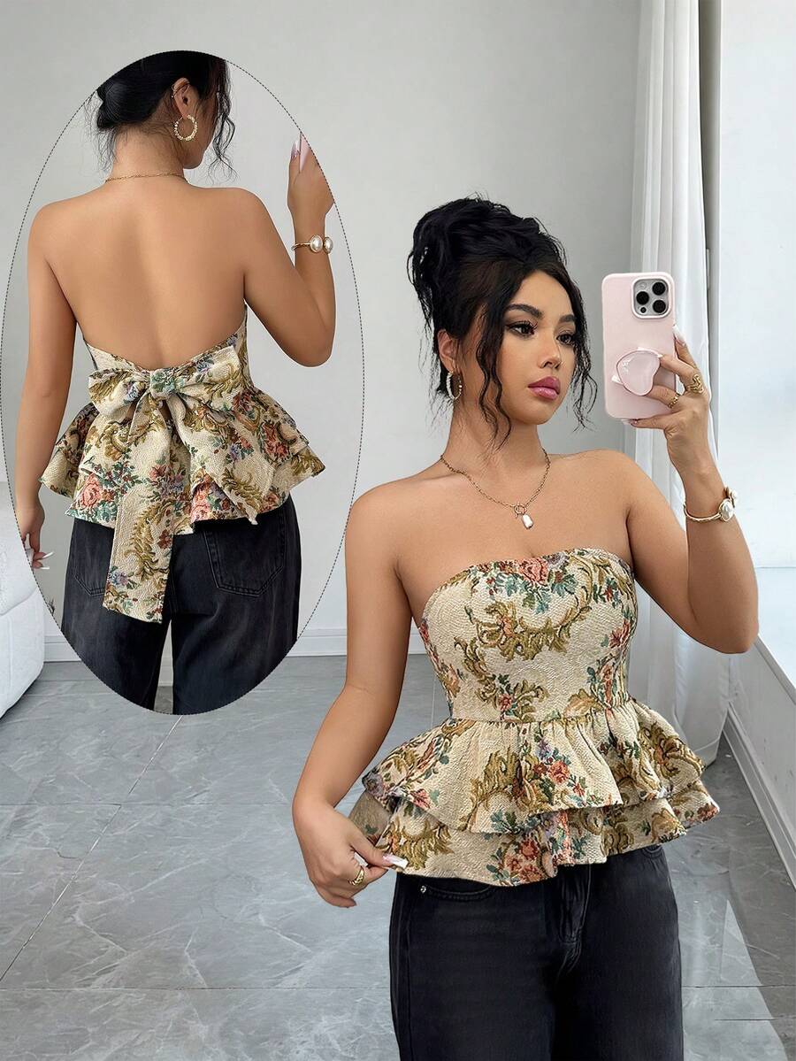 SHEIN Elenzya 女士优雅提花面料短款荷叶边抹胸上衣，休闲沙滩度假日常外出约会派对晚宴时尚性感百搭上衣 - 彩色 - 查看 1