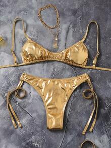 Swim SXY Sexy Glossy Bandage Bikini Swimsuit, Glamorous European Style - Gold - View 1