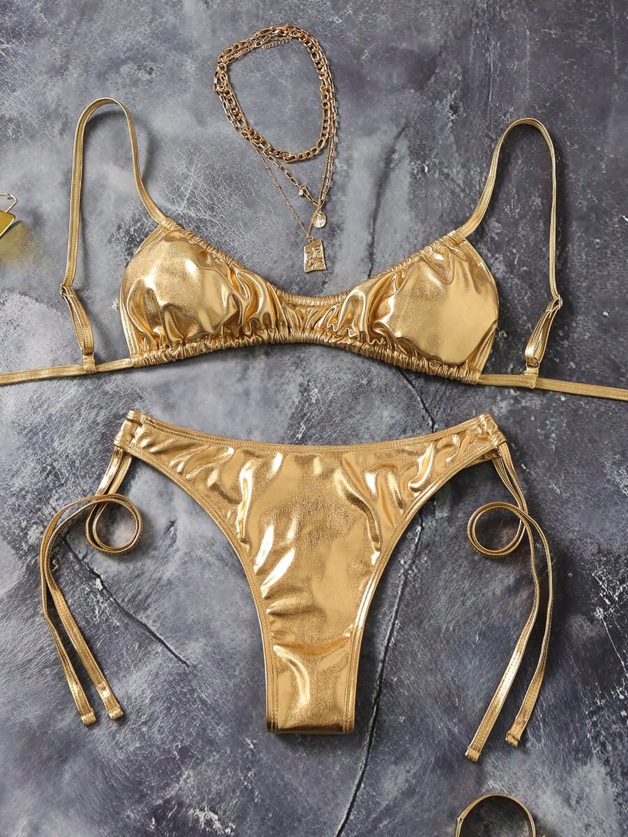 Swim SXY Sexy Glossy Bandage Bikini Swimsuit, Glamorous European Style - Gold - View 1