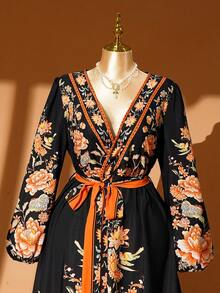 Rometta Váy maxi thắt eo thanh lịch cho nữ cỡ lớn, Váy cổ chữ V họa tiết hoa đi nghỉ và hẹn hò, Váy maxi thắt eo cổ chữ V sang trọng khi đi làm cỡ lớn, Váy maxi họa tiết hoa thời trang giúp thon gọn, Thích hợp cho kỳ nghỉ, tiệc tùng hàng ngày, ăn tối, tụ tập - màu đen - Xem 1