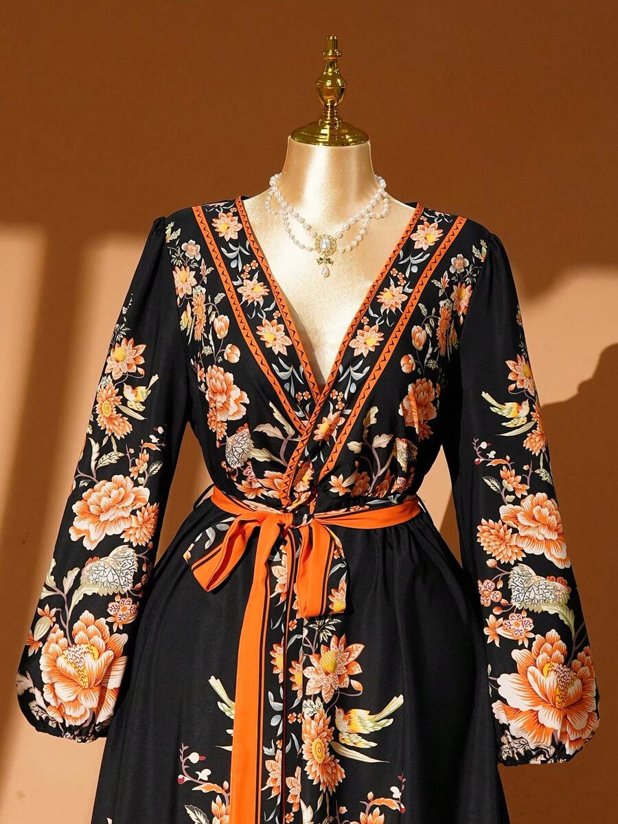 Rometta Váy maxi thắt eo thanh lịch cho nữ cỡ lớn, Váy cổ chữ V họa tiết hoa đi nghỉ và hẹn hò, Váy maxi thắt eo cổ chữ V sang trọng khi đi làm cỡ lớn, Váy maxi họa tiết hoa thời trang giúp thon gọn, Thích hợp cho kỳ nghỉ, tiệc tùng hàng ngày, ăn tối, tụ tập - màu đen - Xem 1