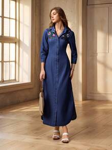 Selenza 女士花卉刺绣七分袖单排扣优雅牛仔连衣裙 - 藍色 - 查看 6