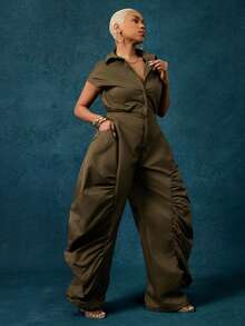 Vixey Olive Ruched Wide Leg Shirred Back Button Up Woven Utility Jumpsuit - Olive Green - View 5