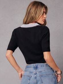 Hauture New Women Striped Patchwork Short Sleeve Knitted Polo Collar Cropped Top - Black - View 2