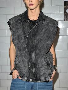 ROMWE MEN Street Life Spring/Summer Casual Graphic Men'S Fashion Airplane Buckle Denim Vest Jacket - Dark Grey - View 5