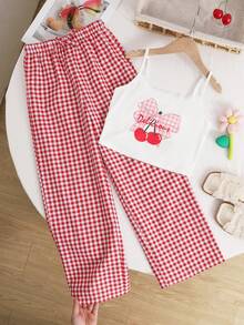 SHEIN Tween Girls Casual Homewear Fitted Lace Trim Collar Cherry Print Camisole And Plaid Loose Pants Set - Red and White - View 10