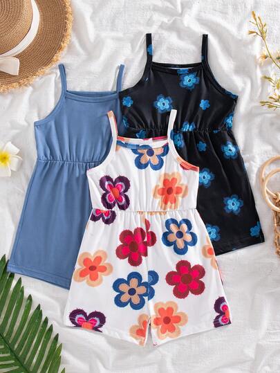 SHEIN Playful Pals 3件套女童夏季碎花印花及纯色连体短裤，时尚度假风，百搭