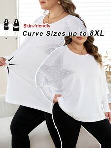 SHEIN CURVE+ Curve 尺码 US22 音乐节、海滨度假、波西米亚风印花黑色T恤、性感黑色T恤、万圣节 - 白色 - 查看 1