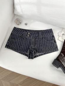 Elamini Pantalones cortos de mezclilla casual con lavado, bolsillos y rayas de cintura baja - Gris - Ver 1