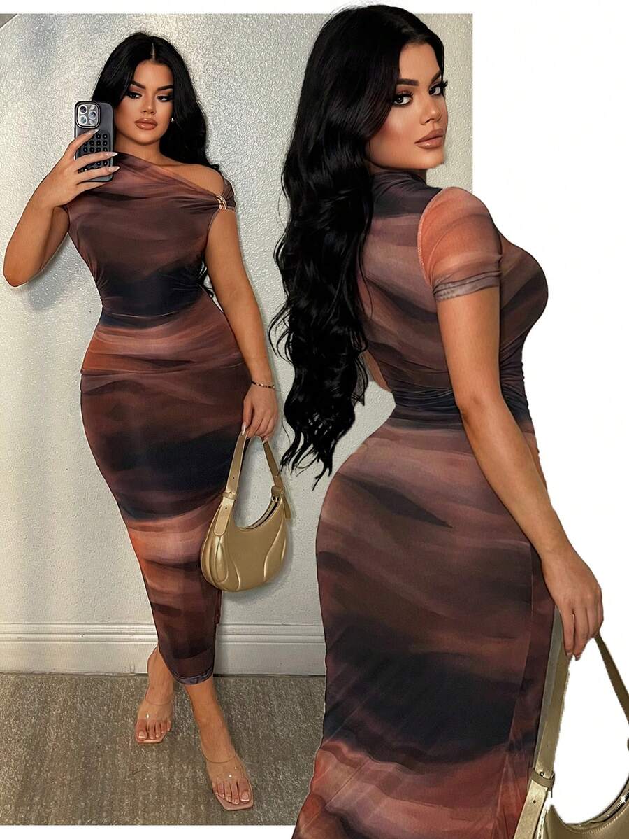 SHEIN SXY Damklänning med figurnära och trendig tie dye-mönster och en axel - Multifärgad - Visa 1