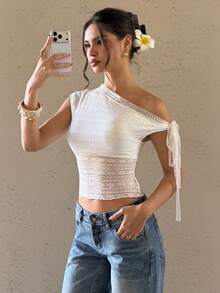 Bluhae Áo thun ren xuyên thấu gợi cảm dành cho nữ, kiểu buộc dây, thích hợp cho mùa xuân/hè. - trắng - Xem 3