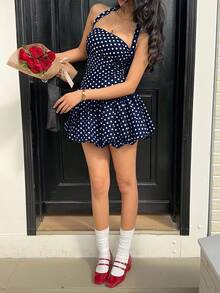 SHEIN EZwear 女士休闲优雅波点印花露背迷你连衣裙，夏季 - 藏蓝色 - 查看 3