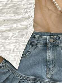 SHEIN Top corto de punto texturizado de un solo hombro con bajo asimétrico en unicolor melocotón claro para niña preadolescente - Blanco - Ver 4