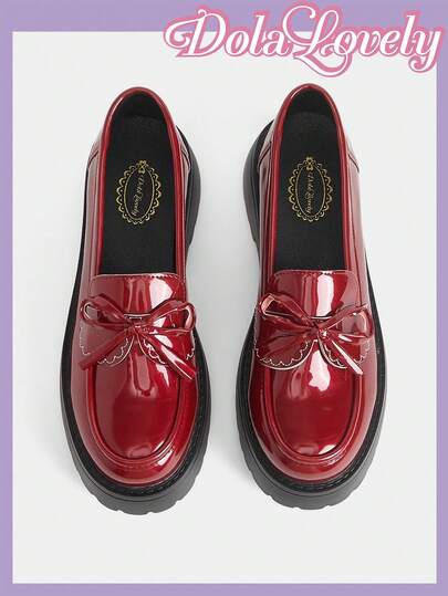 Dola Lovely Women Shoes College Sweet Cool Bow Decorative Round Toe Platform Sole Glossy Brown Loafers Daily Campus Wear
