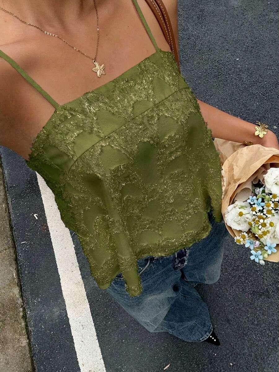 SHEIN Frenchy 女士纯色蕾丝休闲百搭吊带背心 - 綠色 - 查看 1