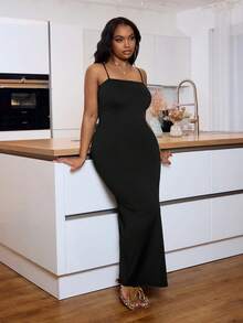 Veslaya Vestido Longo Preto Básico Estilo Sexy com Alças Finas, Decote Nas Costas e Amarração Na Frente, Tecido Elástico de Malha, Tamanhos Grandes, Adequado para Ocasiões Elegantes, Casuais, Férias, Passeios Diários, Reuniões, Encontros, Festivais de Música, Jantares e Festas - Preto - Visão 3