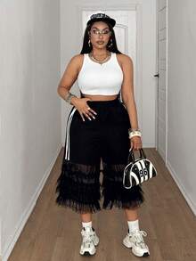 Maweii Quần dài nữ cỡ lớn màu đen phối ren lưới tương phản, quần đen, ren tương phản, trang phục thường ngày dành cho nữ, phù hợp cho hàng ngày, dự tiệc, kỳ nghỉ, dạo phố, bộ đồ đi nghỉ mát cho nữ, trang phục mùa hè 2 mảnh cho nữ, bộ đồ 2 mảnh thường ngày cho nữ. - màu đen - Xem 1