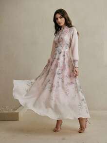 Anewsta Đầm dài tay cổ tàu in họa tiết hoa ombre thanh lịch, điểm nhấn ngọc trai ở cổ tay dành cho nữ. - Hồng - Xem 4