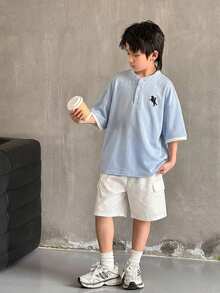 2件套儿童/青少年男童休闲日常舒适印花立领半拉链套头短袖T恤和纯色短裤套装 - 彩色 - 查看 3