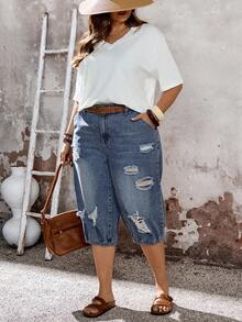 EMERY ROSE Quần jean denim rách dài 7/8 cỡ lớn, quần capri denim rách cỡ lớn dành cho nữ - quần jogger cạp chun, trang phục thường ngày mùa hè, quần capri denim rách cỡ lớn dành cho nữ phong cách đường phố Y2K, quần capri denim rách thanh lịch dành cho nữ - quần jogger cạp chun, quần capri denim màu sáng cỡ lớn dành cho nữ, thiết kế cạp cao, chi tiết rách nhiều, cạp chun phía sau tạo sự thoải mái cả ngày và gấu quần kiểu jogger. Chất liệu denim mềm mại, co giãn, nhiều túi, hoàn hảo cho trang phục hàng ngày mùa hè, kỳ nghỉ, phong cách đường phố Y2K thường ngày, quần capri denim, denim rách, cạp chun, quần jogger, quần mùa hè, Y2K, phong cách, thời trang đường phố thường ngày. - Màu xanh lam - Xem 5