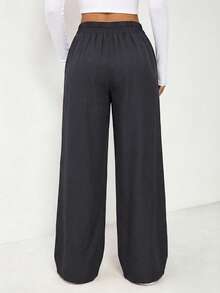 SHEIN EZwear 大码女式金属双扣直筒休闲办公裤，秋冬高腰阔腿裤女裤 - 深灰色 - 查看 2