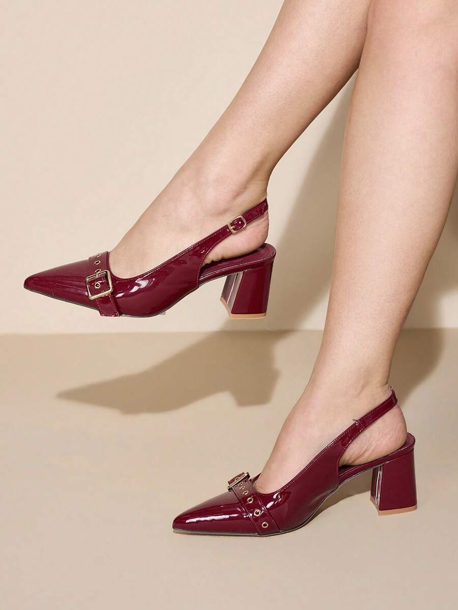 CUCCOO CURVES 女士尖头搭扣设计日常百搭时尚宽楦高跟鞋 - 酒紅色 - 查看 1