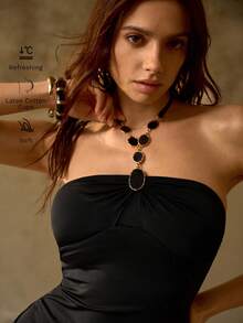 MOTF PREMIUM ELEGANT GEM COMBINATION DECORATIVE HALTER NECKLACE TANKINI SWIMWEAR, SUITABLE FOR VACATION SWIMWEAR - Black - View 1