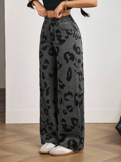 SHEIN PETITE Jeans de pierna ancha de uso diario versátil y casual con bolsillos y botones para mujer