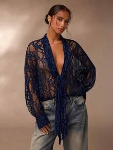 SHEIN Glamour 女士纯色打结薄纱蕾丝长袖衬衫 - 藍色 - 查看 3