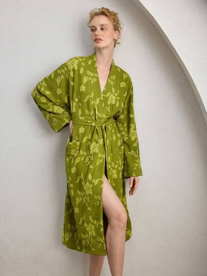 Ocili Satin Jacquard Minimalist Abstract Comfortable Lapel Robe, Chic Autumn Autumn Slumber Sleepwear For Women