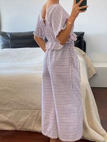 DAZY Striped Pattern Frill Trim Loose V-Neck Short Sleeve Jumpsuit - Dusty Purple - View 2