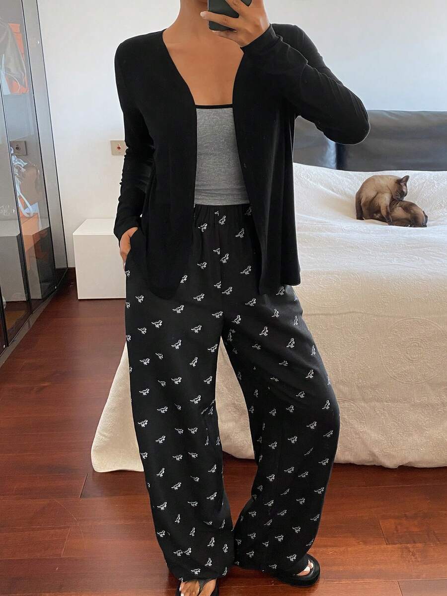 DAZY 女士秋冬睡衣三件套：开衫、无袖吊带衫和长裤 - 黑色 - 查看 1