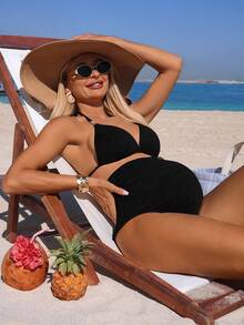 Swim Vcay 2026SS Nouvelle arrivée de maillots de bain pour femmes pour les vacances, les rendez-vous, l'Occident, les croisières, la plage, les îles, les road trips, toutes les saisons, les festivals de musique, les vacances bohèmes, les vacances bohèmes, les shorts plissés bohèmes décontractés d'automne Y2K, les ensembles de plage d'été vintage élégants et décontractés pour la maternité. Ensemble de deux pièces de maillot de bain noir pour femme, tenue de vacances à la plage en deux pièces, ensemble de bikini en deux pièces pour femme - Multicolore - Voir 4