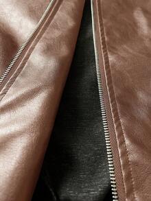 Rustia 大码时尚街头风休闲宽松机车皮夹克，秋季新品 - 巧克力棕 - 查看 8