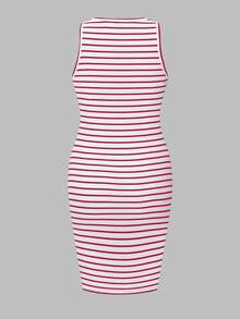 Modmama Maternity Solid Color + Striped Print Round Neck Fitted Sleeveless Dress - Red - View 5