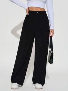 SHEIN PETITE Quần dài nhung kẻ trơn màu dành cho nữ - màu đen - Xem 7