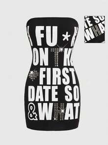 ROMWE Grunge Punk Spring/Summervalentine's DaygraphicY2K Sexy Baddie Distressed Letter Print Rivet Decor Women Mini Dress - Black - View 1