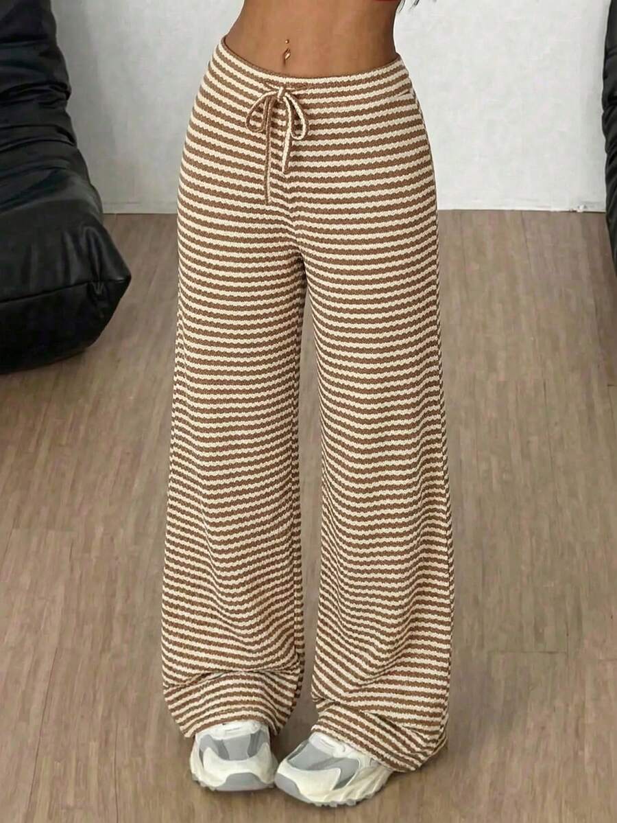 SHEIN 少女宽松休闲舒适中腰条纹裤 - 彩色 - 查看 1