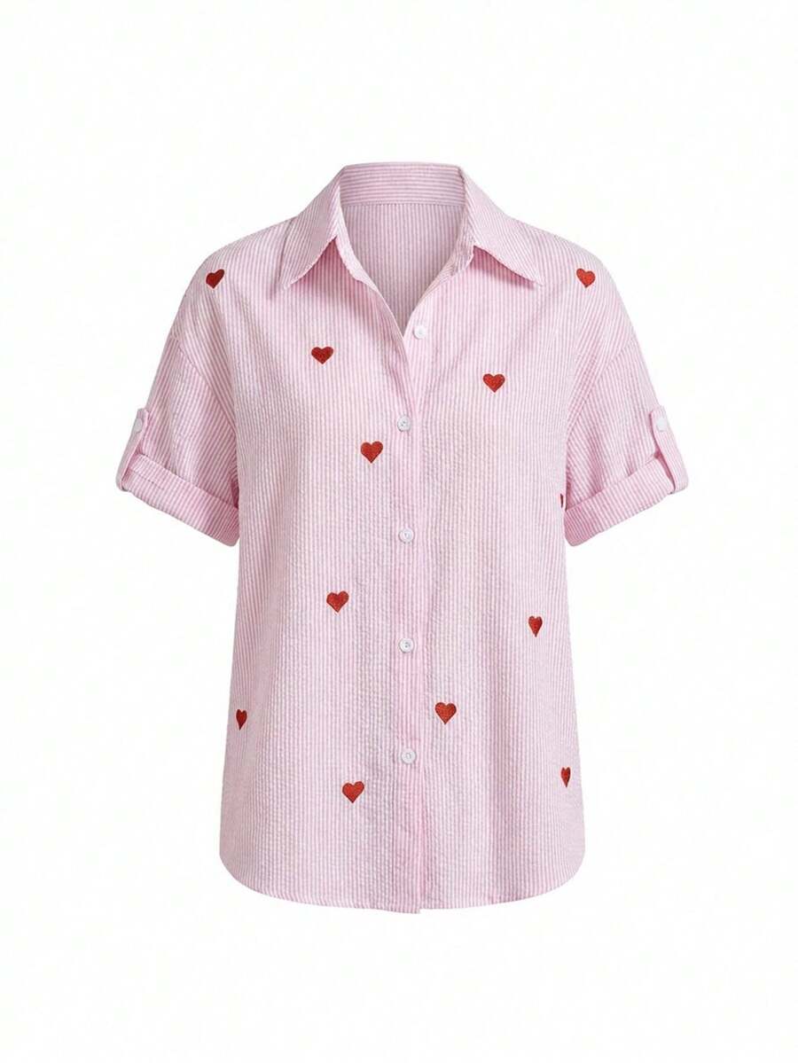 LOTSLUV Damen Valentinstag Herz gestreiftes lässiges Hemd mit Stickerei - Pink - Übersicht 1