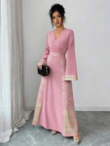 Rafferiza Đầm maxi chiffon xếp ly cổ vuông thanh lịch, họa tiết hoa lá đen và vàng ánh kim, duyên dáng và lãng mạn, trang phục mùa xuân/thu dành cho nữ. - Hồng - Xem 6