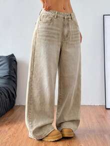 Coolane Damen Vintage Loose Fit Baggy Jeans mit Taschen - Khaki - Übersicht 4