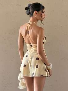 Bluhae French Polka Dot Sexy Halter Plunging Neck Backless Chiffon Dress For Women - Light Yellow - View 2